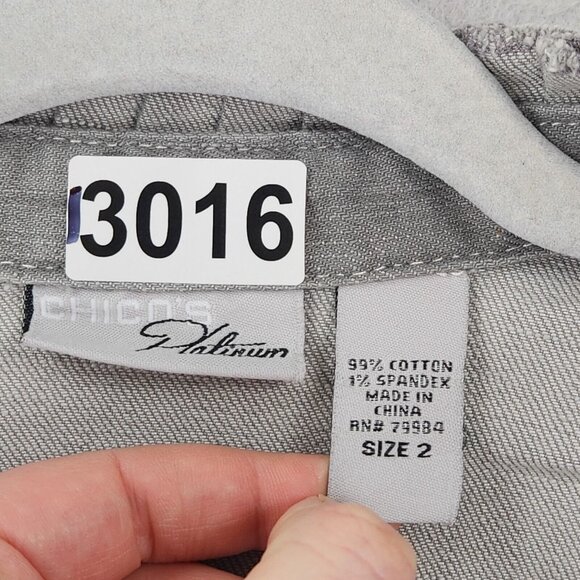 Chicos Jacket Women 2 Gray 12 Platinum Denim Jean Trucker Stretch Ruffle Casual - Picture 11 of 15